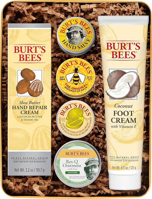 Burt's Bees Classics Set (6 Products) A giftable tin featuring cuticle cream, hand salve, lip balm, Res-Q ointment, hand repair, and foot cream.